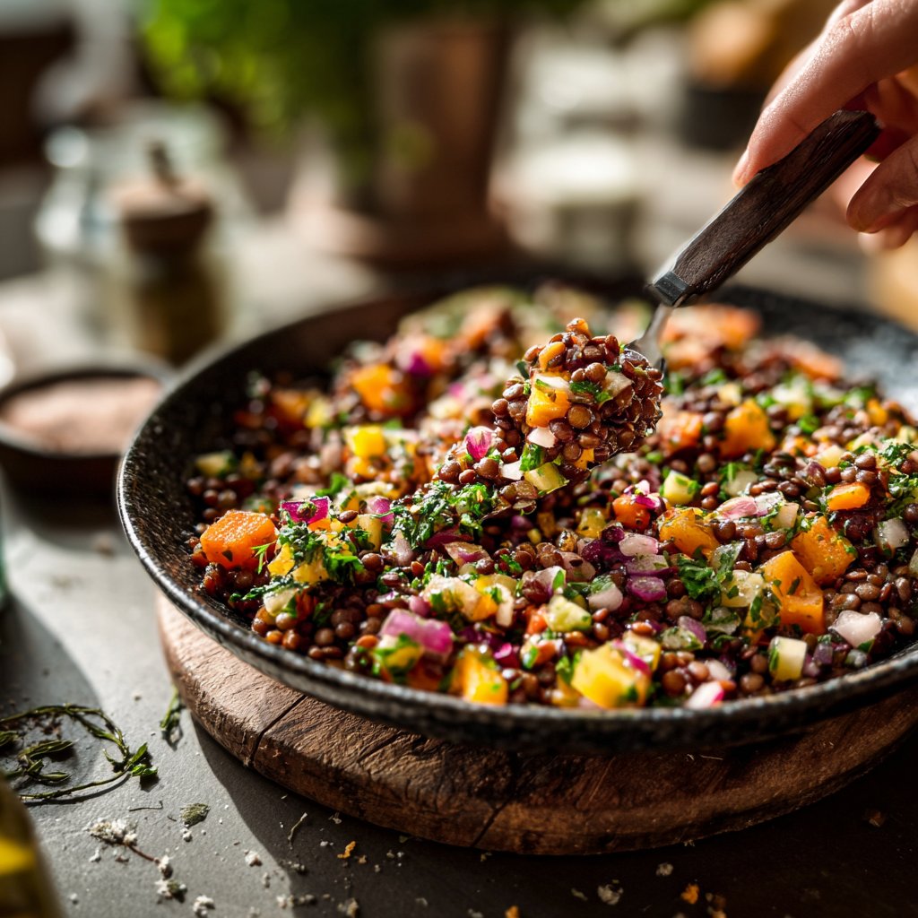 Mittagessen mit Linsensalat