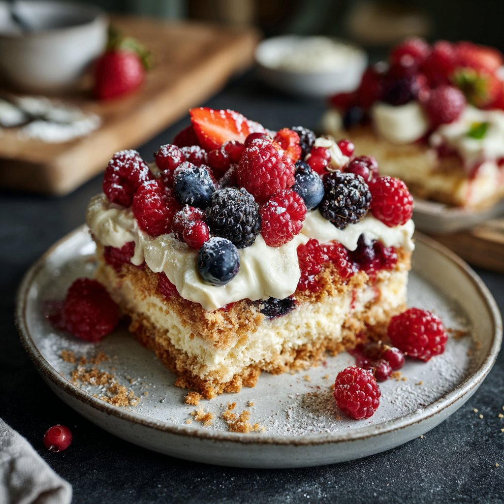 Blechkuchen mit Beeren und Creme